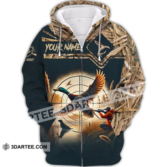 Unisex Shirt Custom Name Duck Hunter Hunting Polo Long Sleeve Animal T-Shirt Zipper Hoodie / S