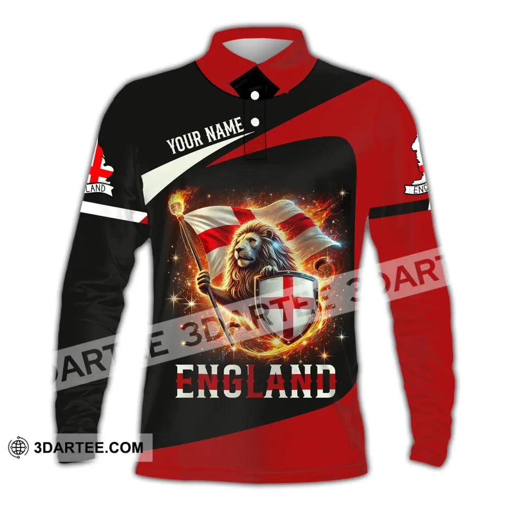 Unisex Shirt - Custom Name England Fire Lion Long Sleeve Polo / S T-Shirt