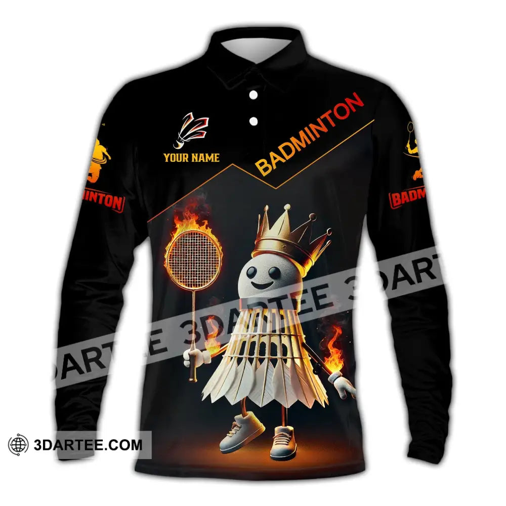 Unisex Shirt - Custom Name Fire Badminton Long Sleeve Polo / S T-Shirt