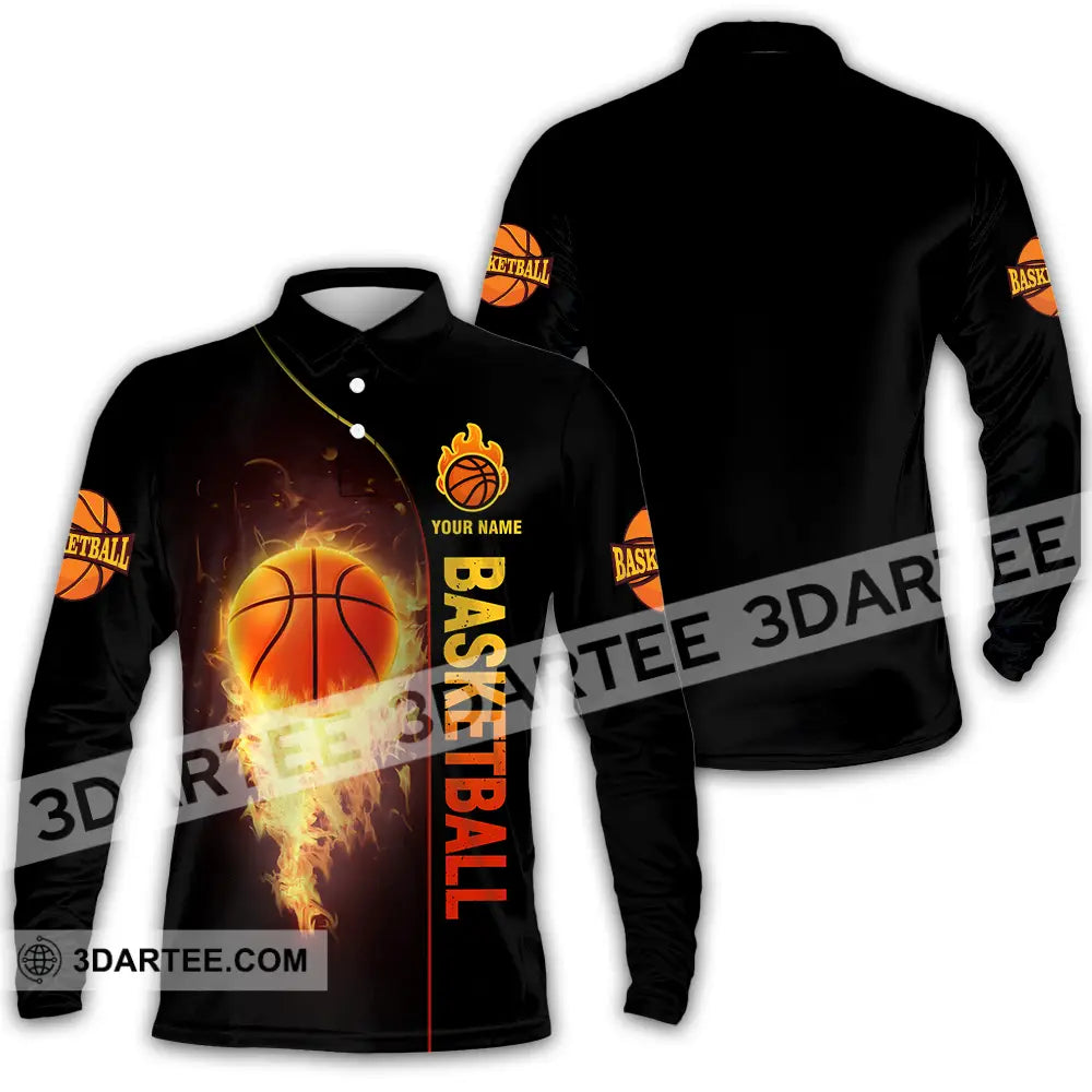 Unisex Shirt - Custom Name Fire Basketball Ball Long Sleeve Polo / S T-Shirt