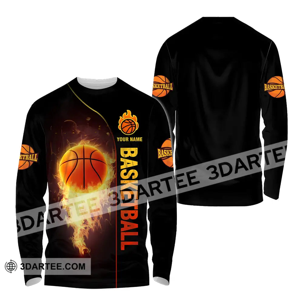 Unisex Shirt - Custom Name Fire Basketball Ball Long Sleeve / S T-Shirt