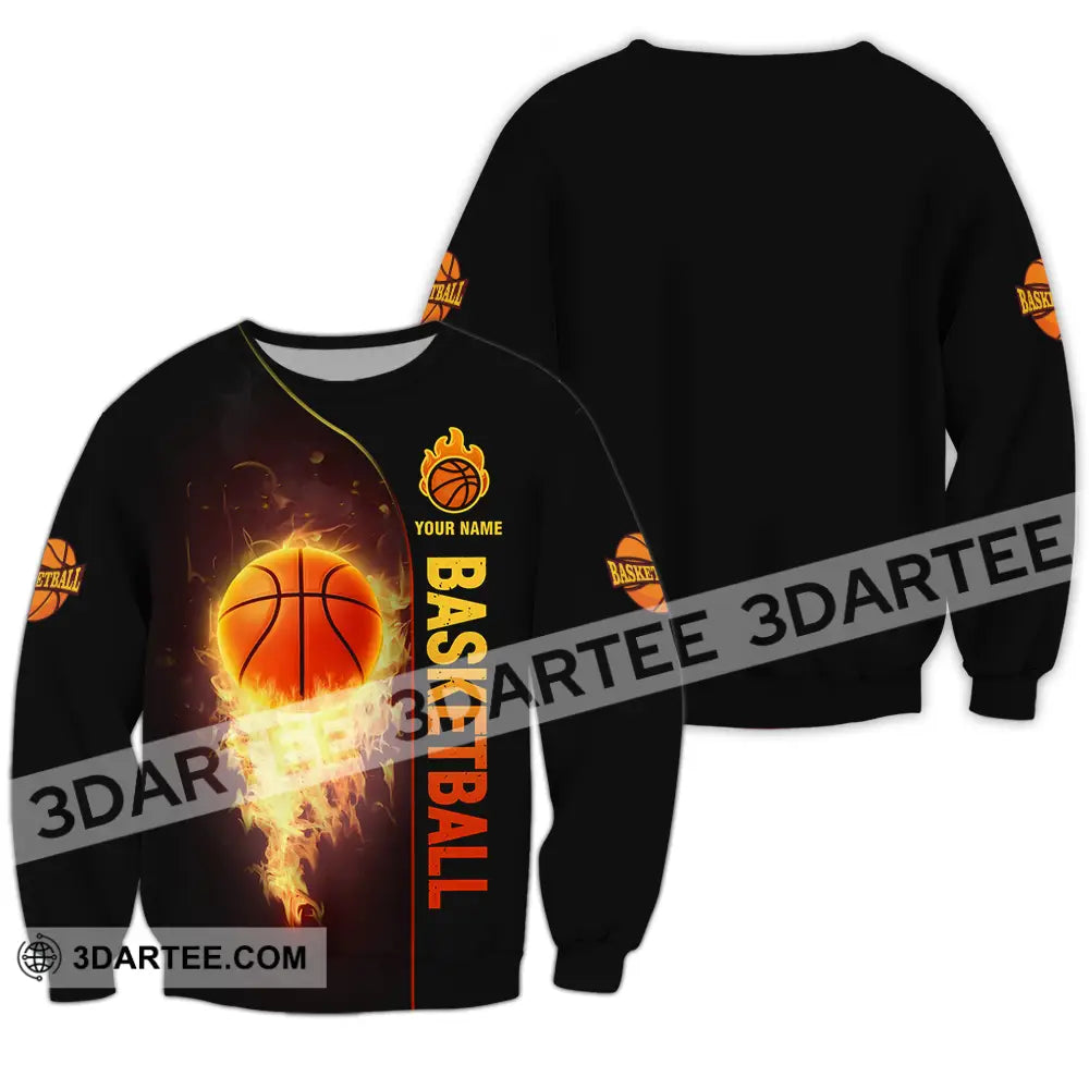 Unisex Shirt - Custom Name Fire Basketball Ball Long Sleeve / S T-Shirt