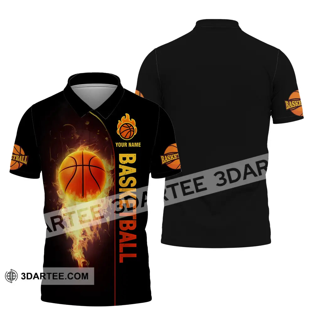 Unisex Shirt - Custom Name Fire Basketball Ball Polo / S T-Shirt