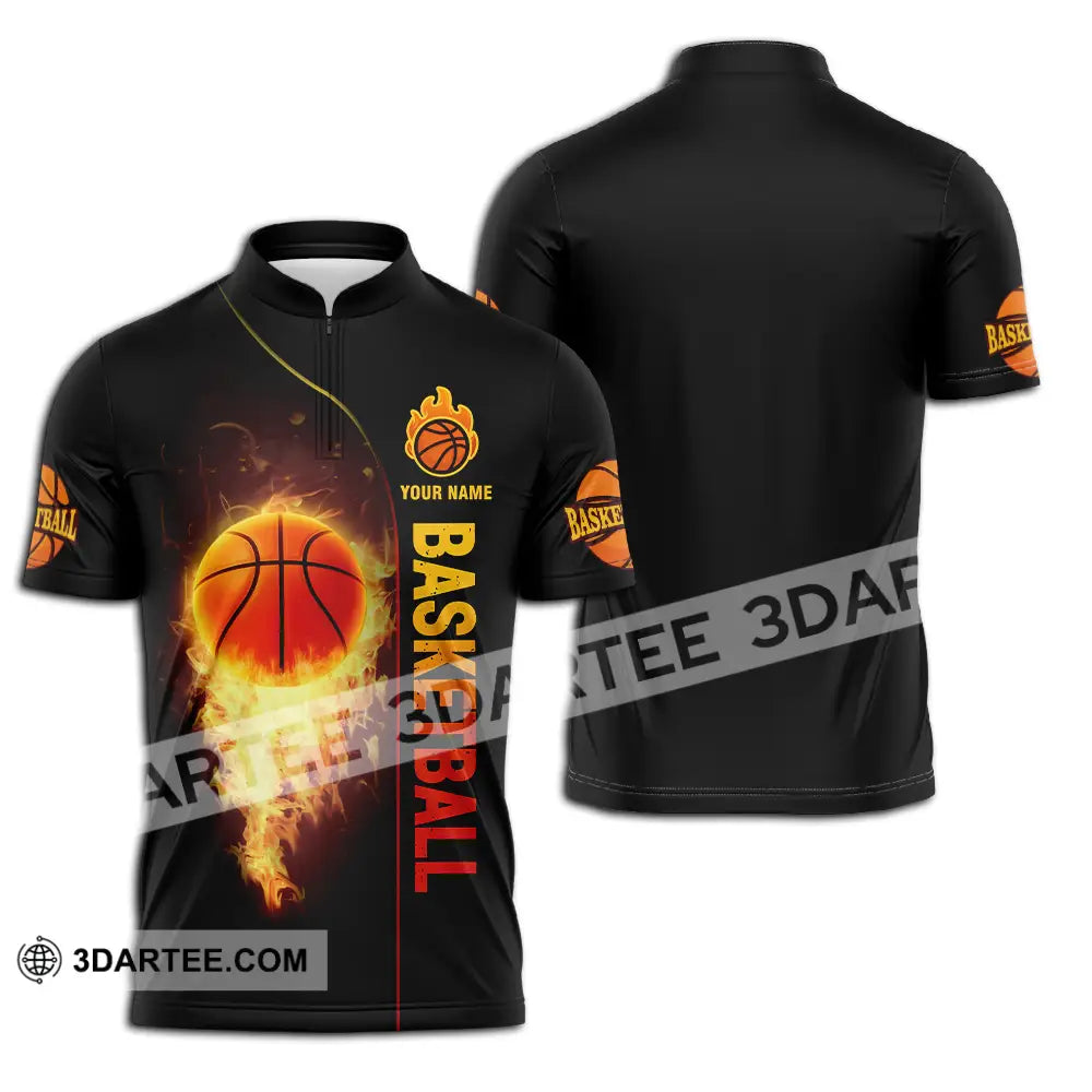 Unisex Shirt - Custom Name Fire Basketball Ball Zipper Polo / S T-Shirt