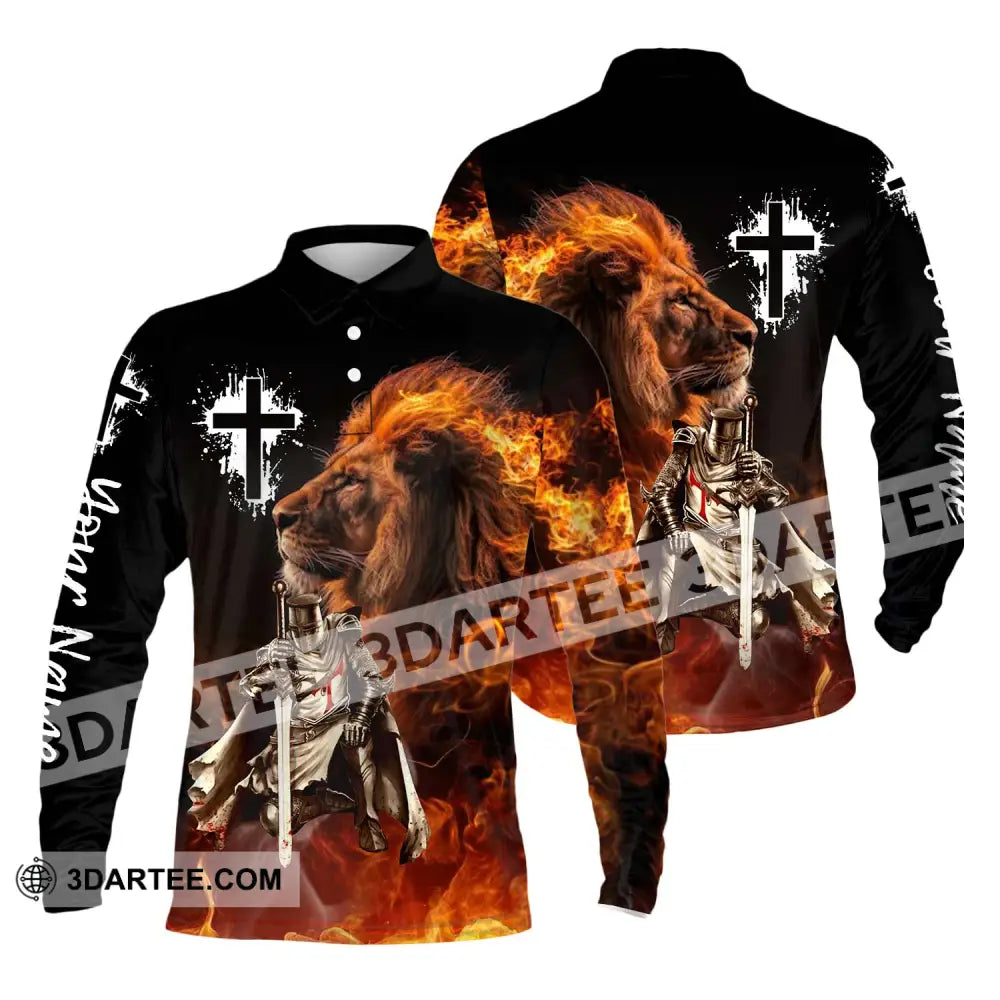 Unisex Shirt - Custom Name Fire Lion Warrior Long Sleeve Polo / S T-Shirt