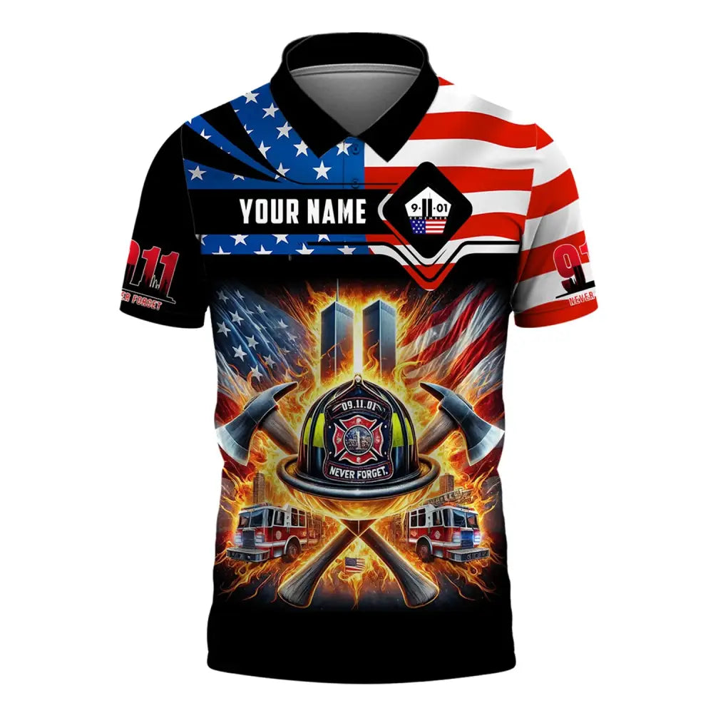 Unisex Shirt Custom Name Firefighter Never Forget Fallen Firefighters 911 Memorial T-Shirt Polo / S