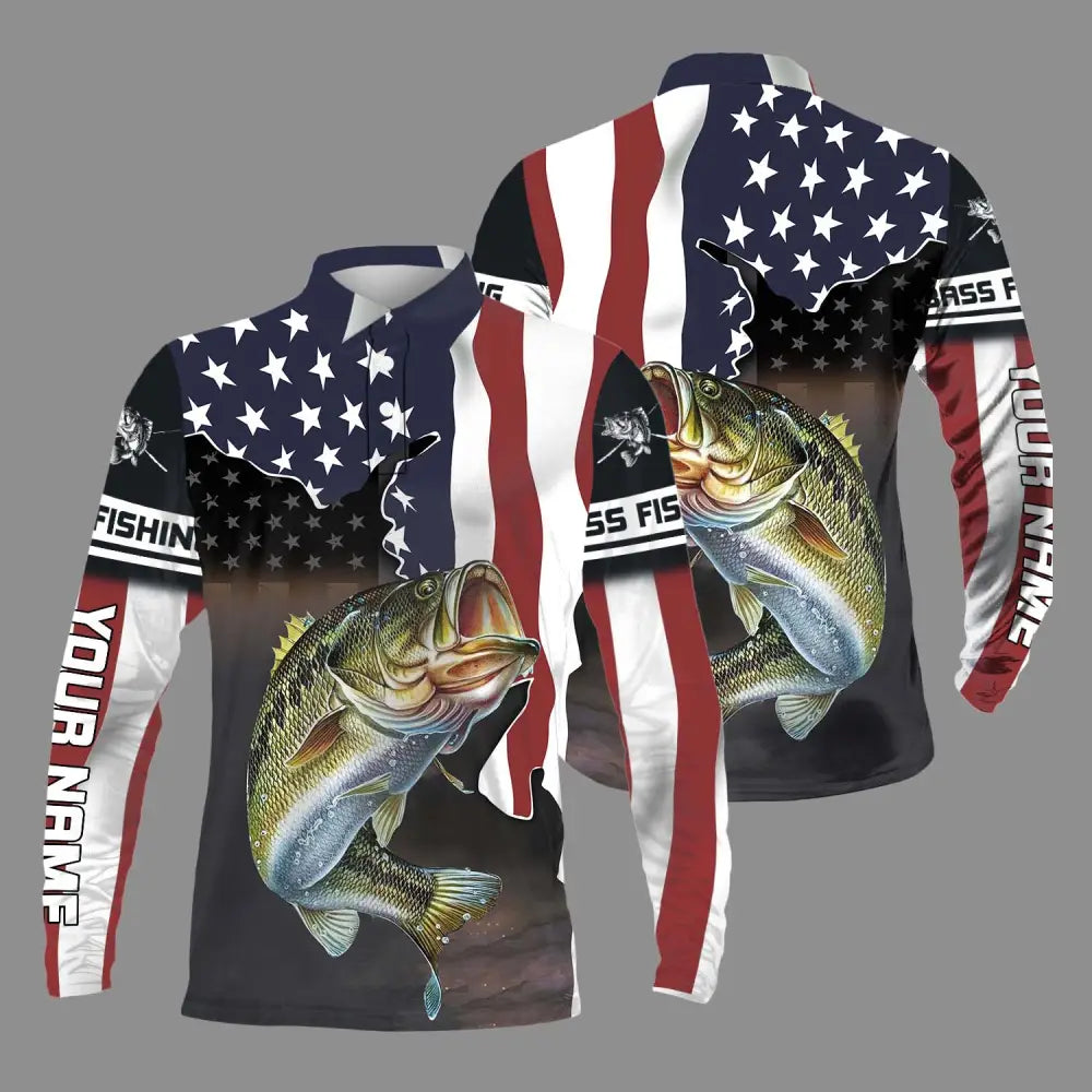 Unisex Shirt - Custom Name Fishing Lover Shirt US Flag Long Sleeve Polo / S T-shirt