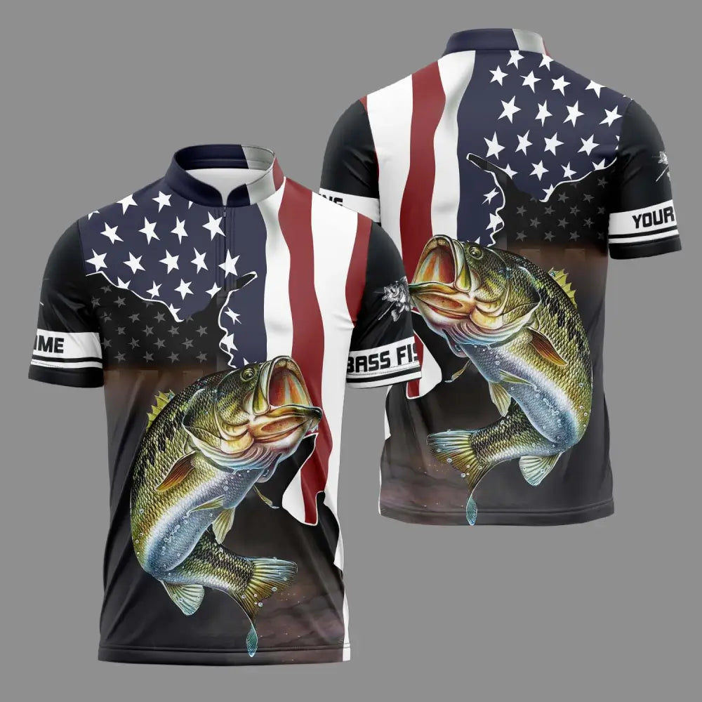 Unisex Shirt - Custom Name Fishing Lover Shirt US Flag Zipper Polo Shirt / S T-shirt