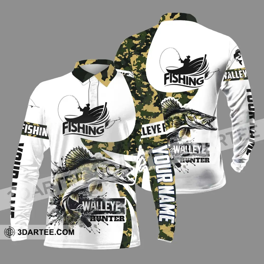 Unisex Shirt - Custom Name Fishing Walleye Fish Hunter Long Sleeve Polo / S T-Shirt