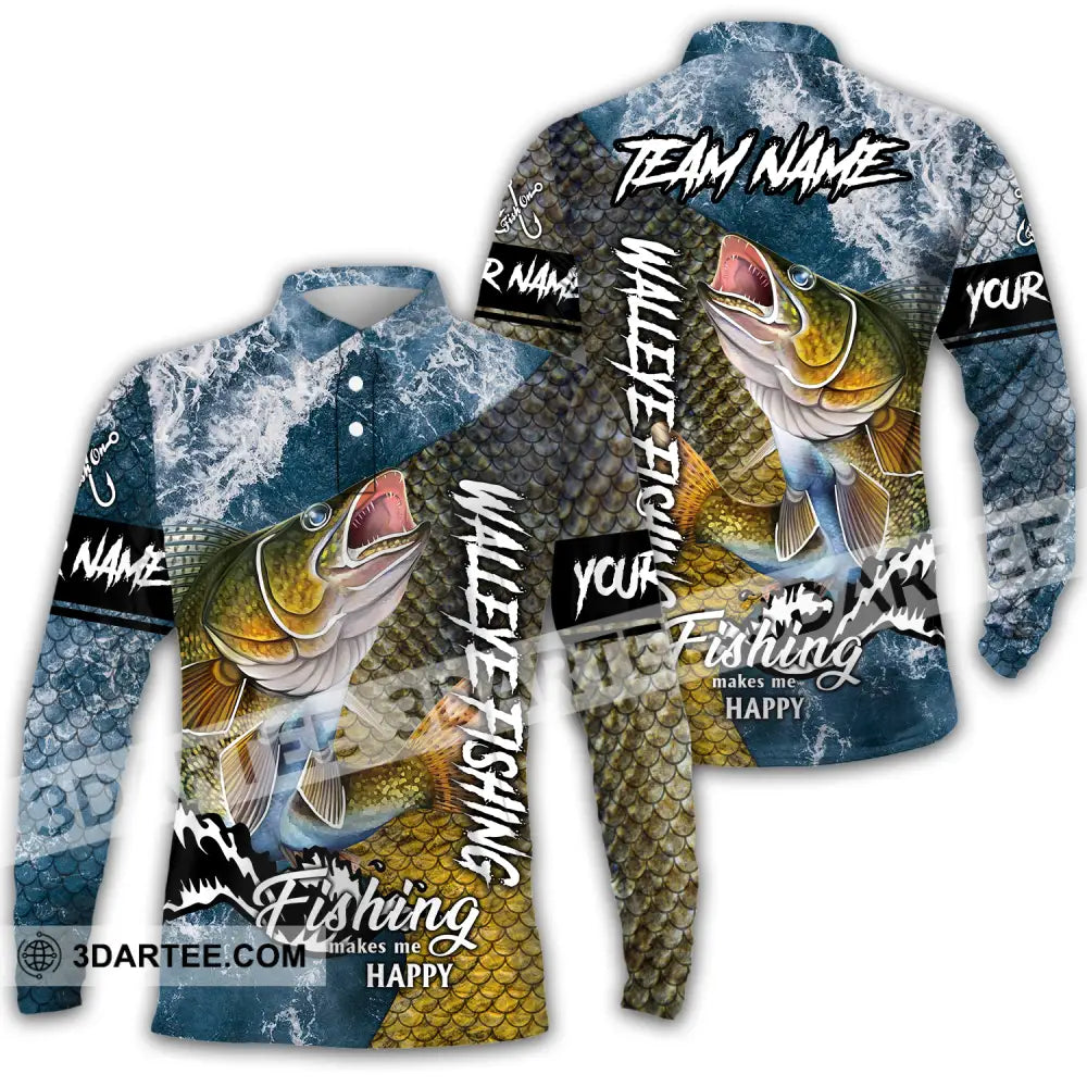 Unisex Shirt - Custom Name Fishing Shirt Walleye Fish Long Sleeve Polo / S T-shirt