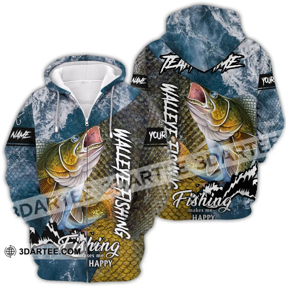 Unisex Shirt - Custom Name Fishing Shirt Walleye Fish Zipper Hoodie / S T-shirt