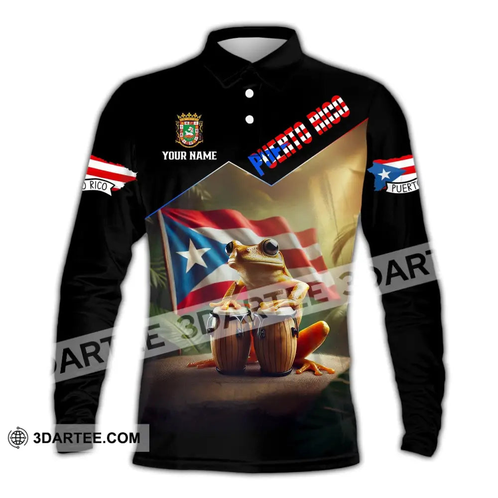 Unisex Shirt - Custom Name Flag Peurto Rico Long Sleeve Polo / S T-Shirt