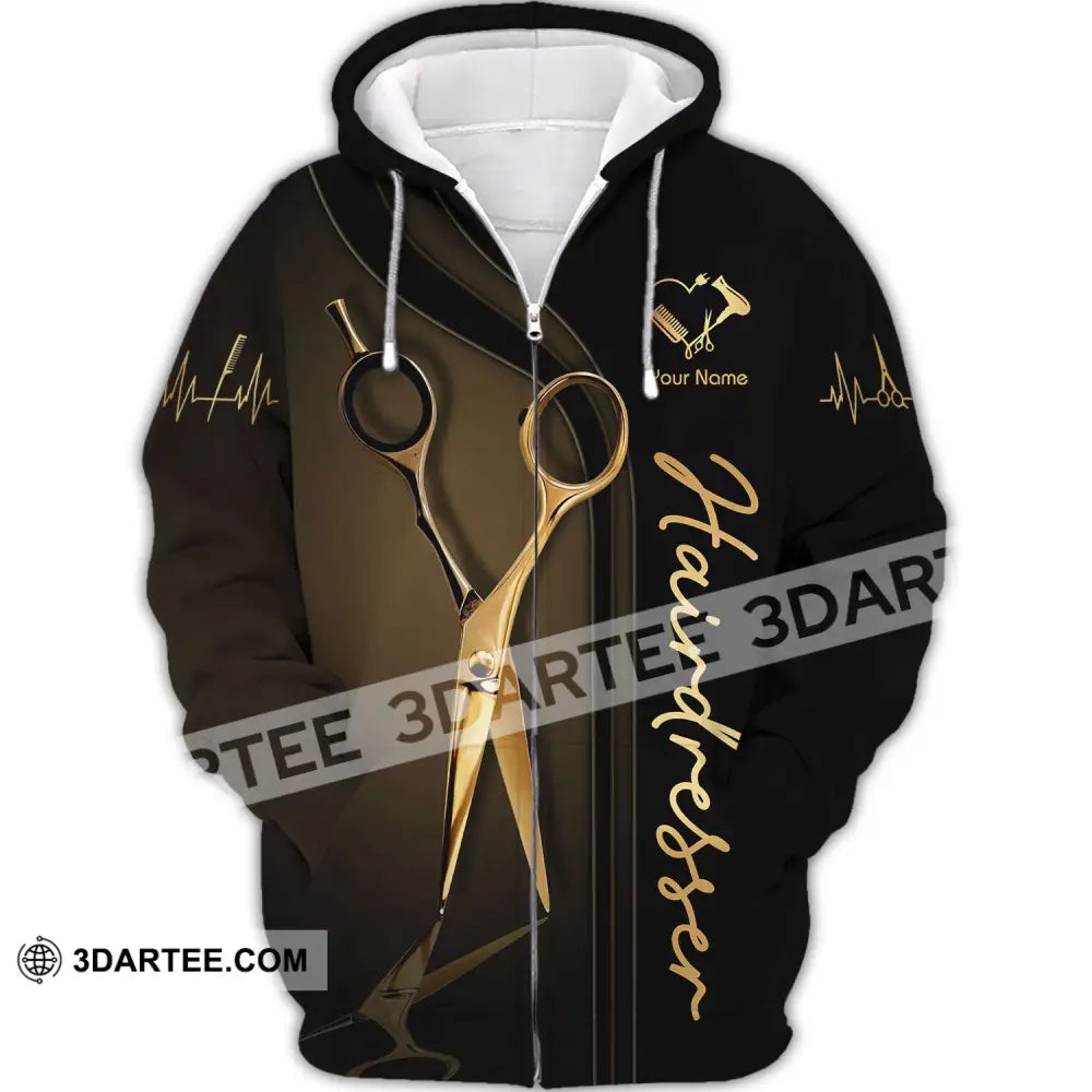 Unisex Shirt - Custom Name Gift For Hairdresser Lover Gold Scissor Zipper Hoodie / S T-Shirt