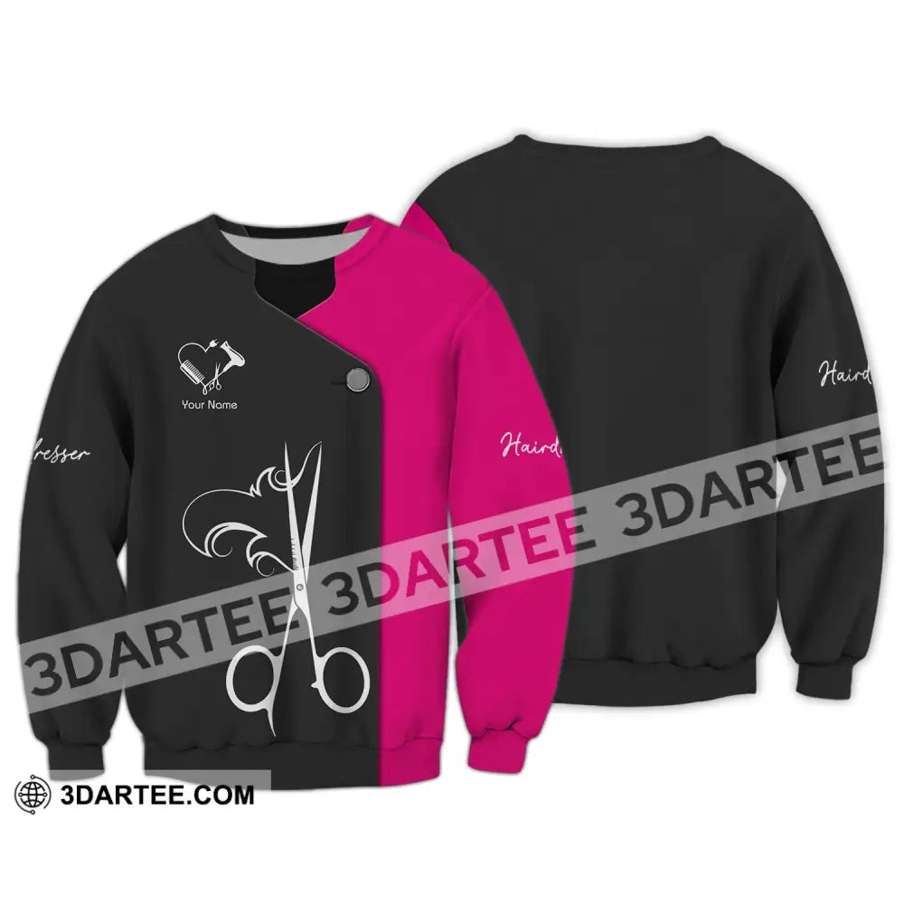 Unisex Shirt - Custom Name Gift For Hairdresser Lover Heart Black And Pink Long Sleeve / S T-Shirt