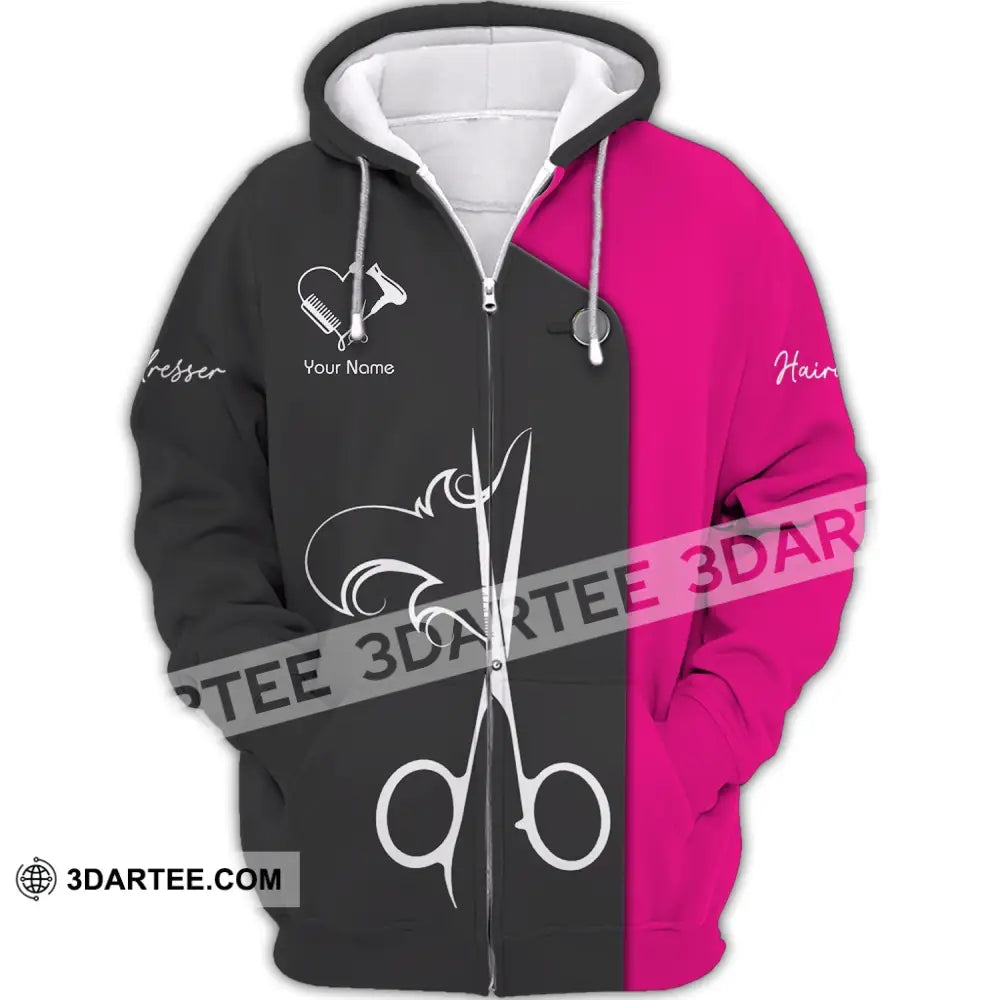 Unisex Shirt - Custom Name Gift For Hairdresser Lover Heart Black And Pink Zipper Hoodie / S T-Shirt