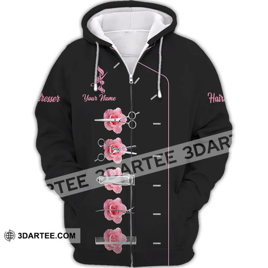 Unisex Shirt - Custom Name Gift For Hairdresser Lover Pink Rose Zipper Hoodie / S T-Shirt