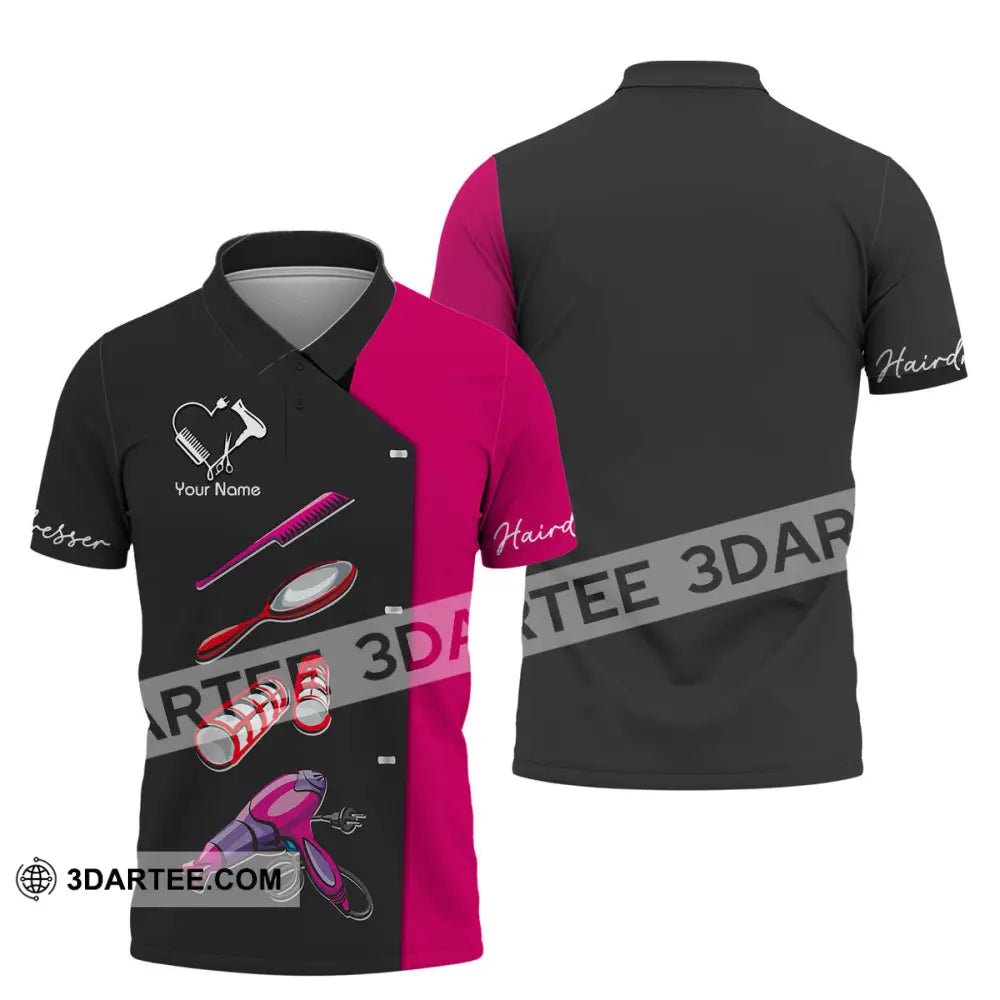 Unisex Shirt - Custom Name Gift For Hairdresser Lover Tools Heart Black And Pink Polo / S T-Shirt