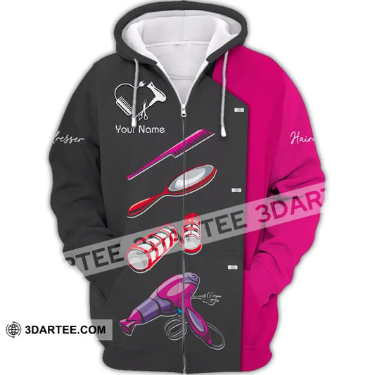 Unisex Shirt - Custom Name Gift For Hairdresser Lover Tools Heart Black And Pink Zipper Hoodie / S