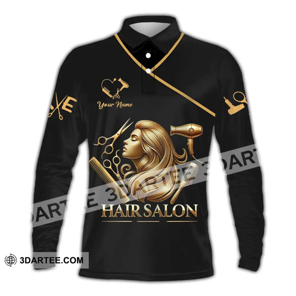 Unisex Shirt - Custom Name Golden Hair Salon Long Sleeve Polo / S T-Shirt