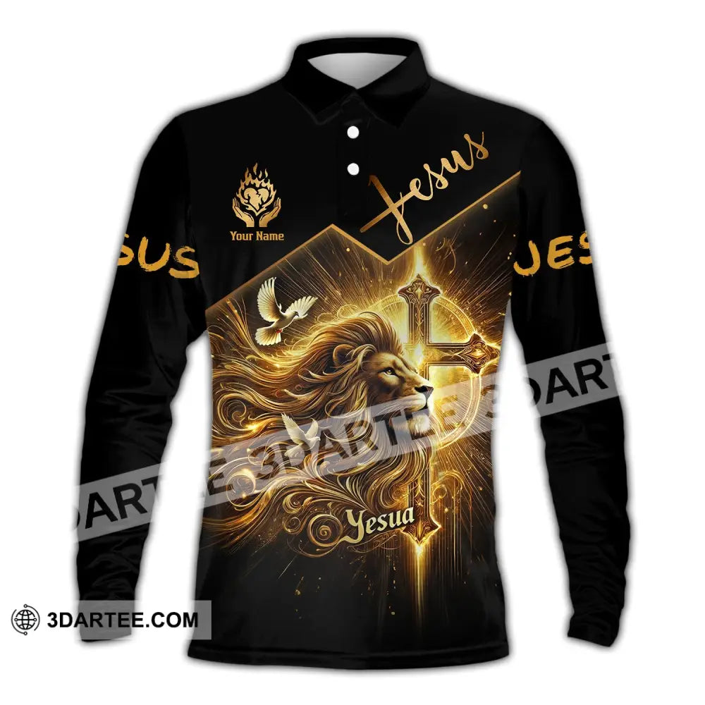 Unisex Shirt - Custom Name Golden Jesus Long Sleeve Polo / S T-Shirt