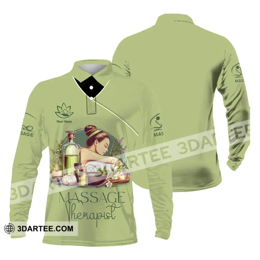 Unisex Shirt - Custom Name Green Tea Massage Therapist Long Sleeve Polo / S T-Shirt