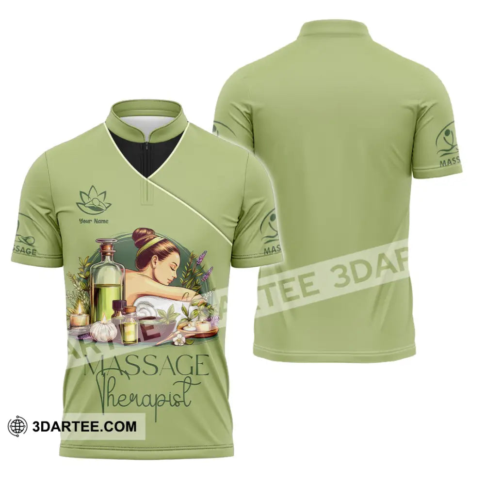 Unisex Shirt - Custom Name Green Tea Massage Therapist Zipper Polo / S T-Shirt