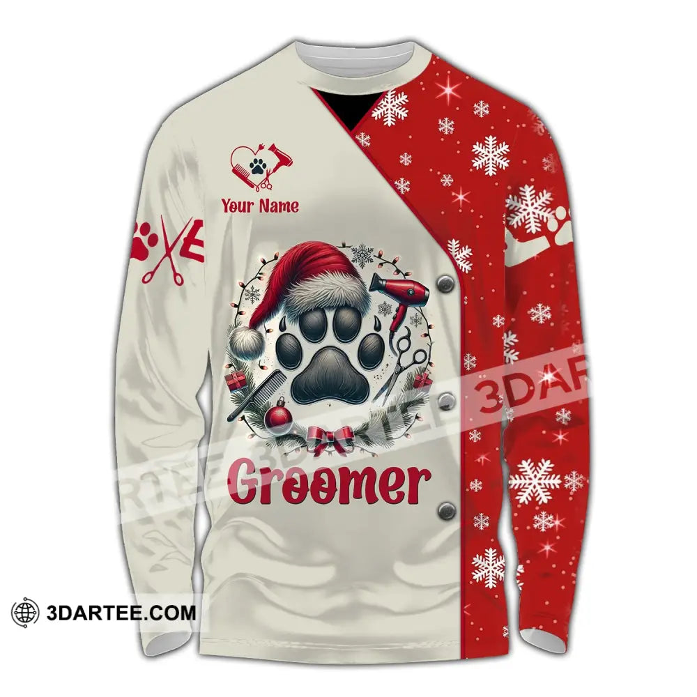 Unisex Shirt Custom Name Groomer Christmas Pet Grooming T-Shirt Hoodie Long Sleeve Gift / S T-Shirt