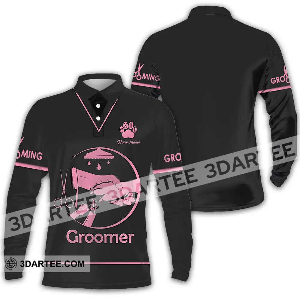 Unisex Shirt - Custom Name Groomer Grooming Long Sleeve Polo / S T-Shirt