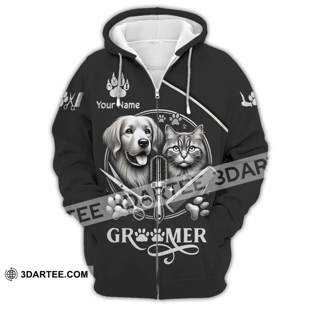 Unisex Shirt Custom Name Groomer Pet Grooming T-Shirt Hoodie Long Sleeve Zipper / S T-Shirt