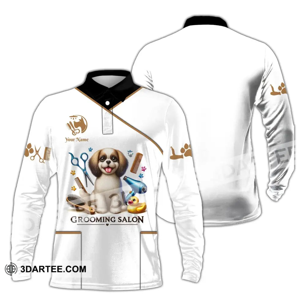 Unisex Shirt Custom Name Grooming Groomer Polo Long Sleeve Pet Shop T-Shirt / S