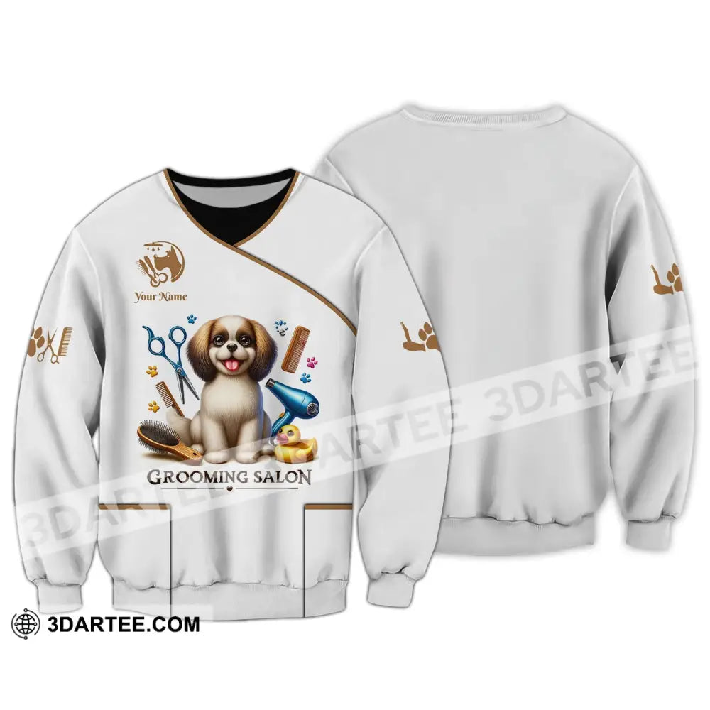 Unisex Shirt Custom Name Grooming Groomer Polo Long Sleeve Pet Shop T-Shirt / S