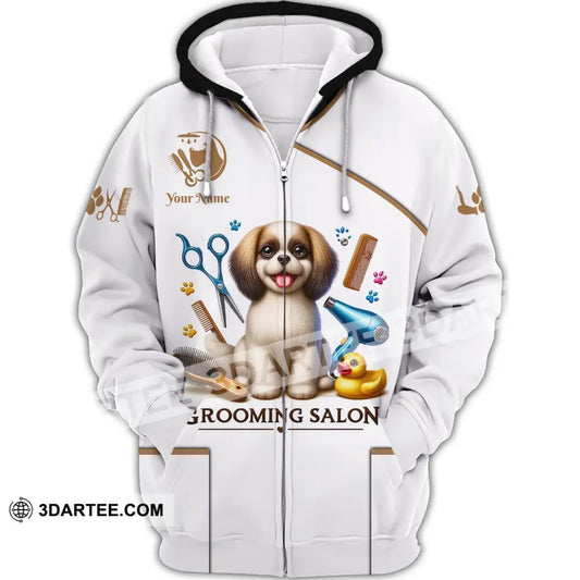 Unisex Shirt Custom Name Grooming Groomer Polo Long Sleeve Pet Shop T-Shirt Zipper Hoodie / S