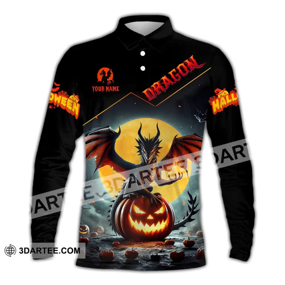 Unisex Shirt - Custom Name Halloween Fire Dragon Long Sleeve Polo / S T-Shirt