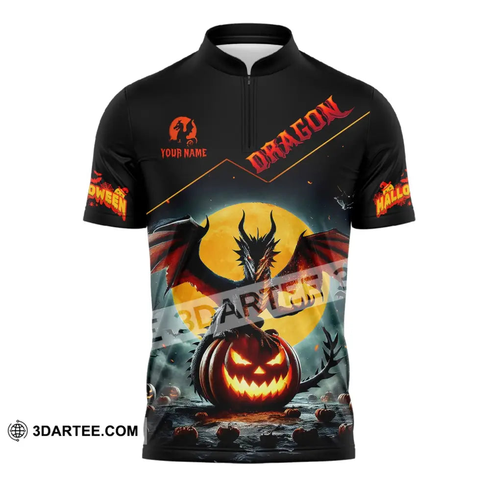 Unisex Shirt - Custom Name Halloween Fire Dragon Zipper Polo / S T-Shirt