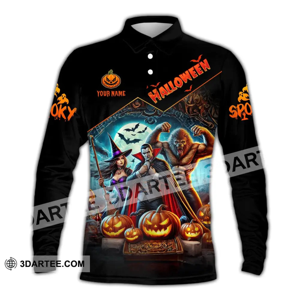 Unisex Shirt - Custom Name Halloween Spooky Long Sleeve Polo / S T-Shirt