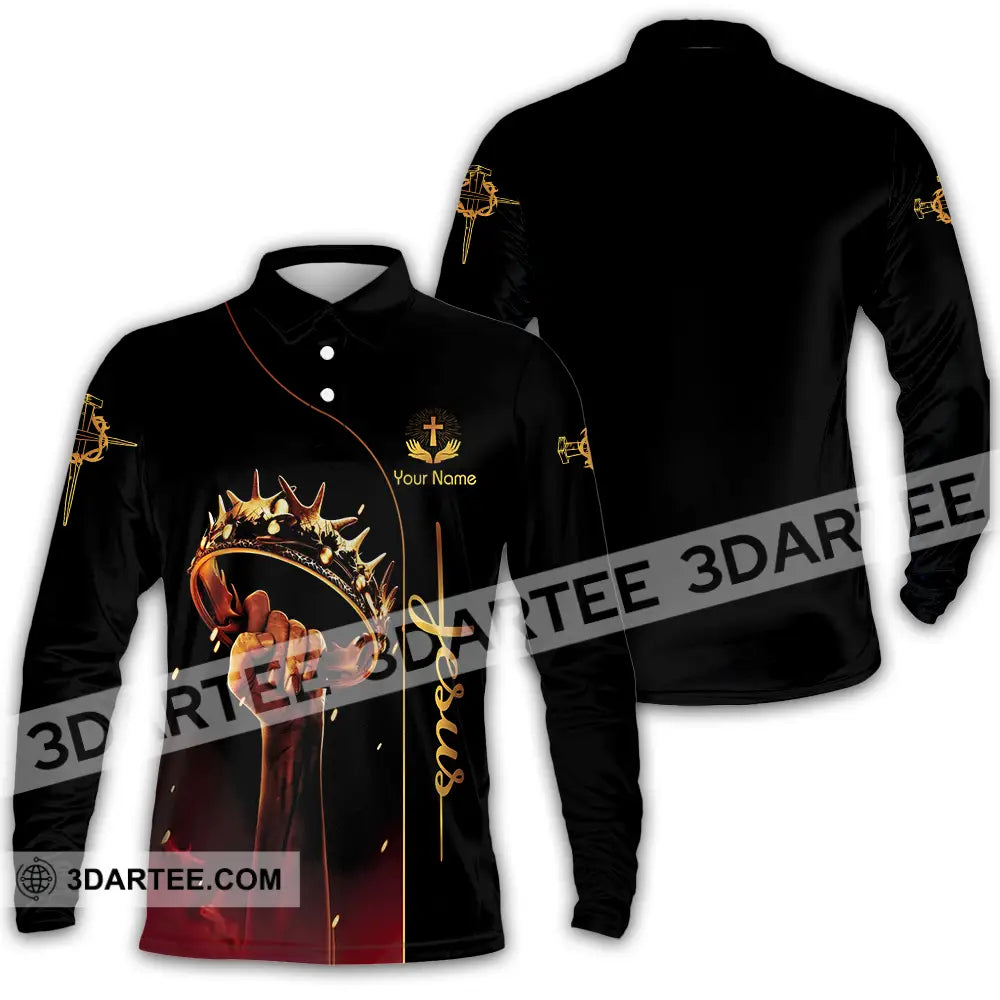 Unisex Shirt - Custom Name Holding Crown Of Thorns Jesus Long Sleeve Polo / S T-Shirt