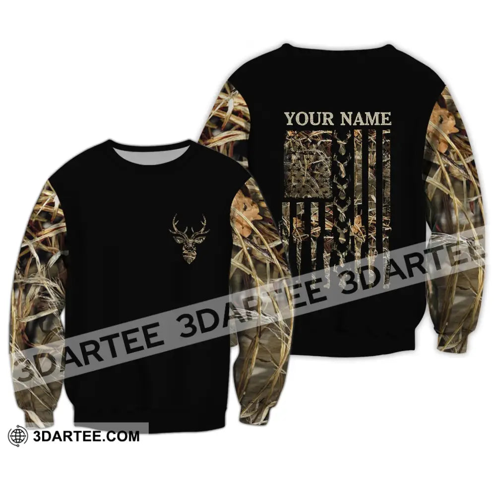 Unisex Shirt - Custom Name Hunting Deer Camo American Flag Long Sleeve / S T-Shirt