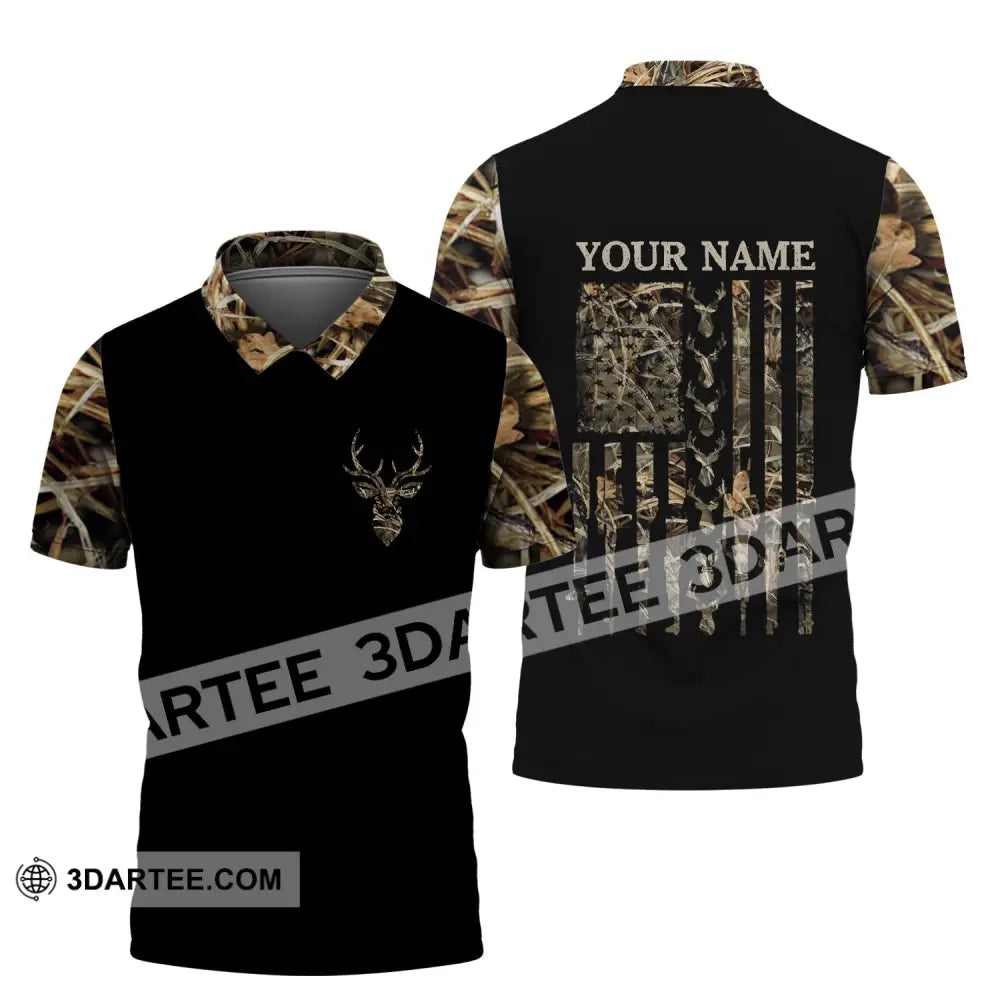 Unisex Shirt - Custom Name Hunting Deer Camo American Flag Polo / S T-Shirt