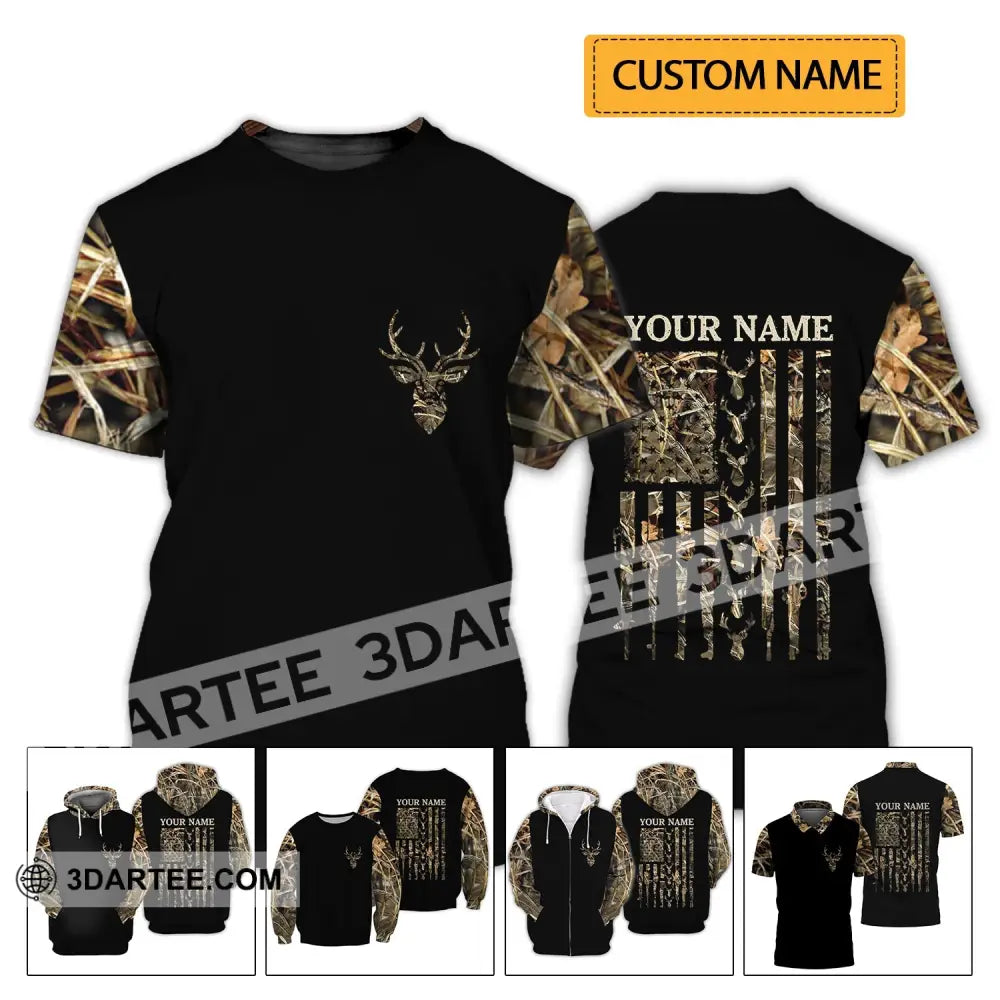 Unisex Shirt - Custom Name Hunting Deer Camo American Flag T-Shirt