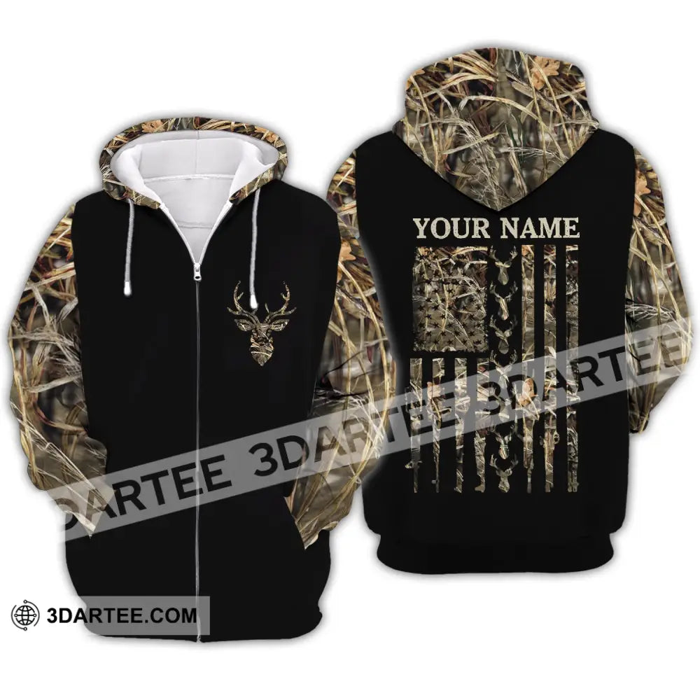 Unisex Shirt - Custom Name Hunting Deer Camo American Flag Zipper Hoodie / S T-Shirt