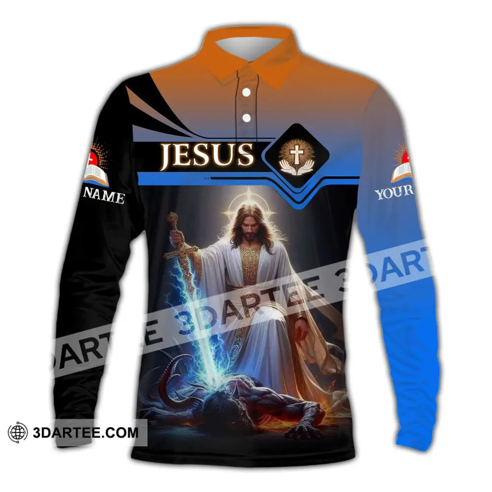 Unisex Shirt - Custom Name Jesus And Sword Long Sleeve Polo / S T-Shirt