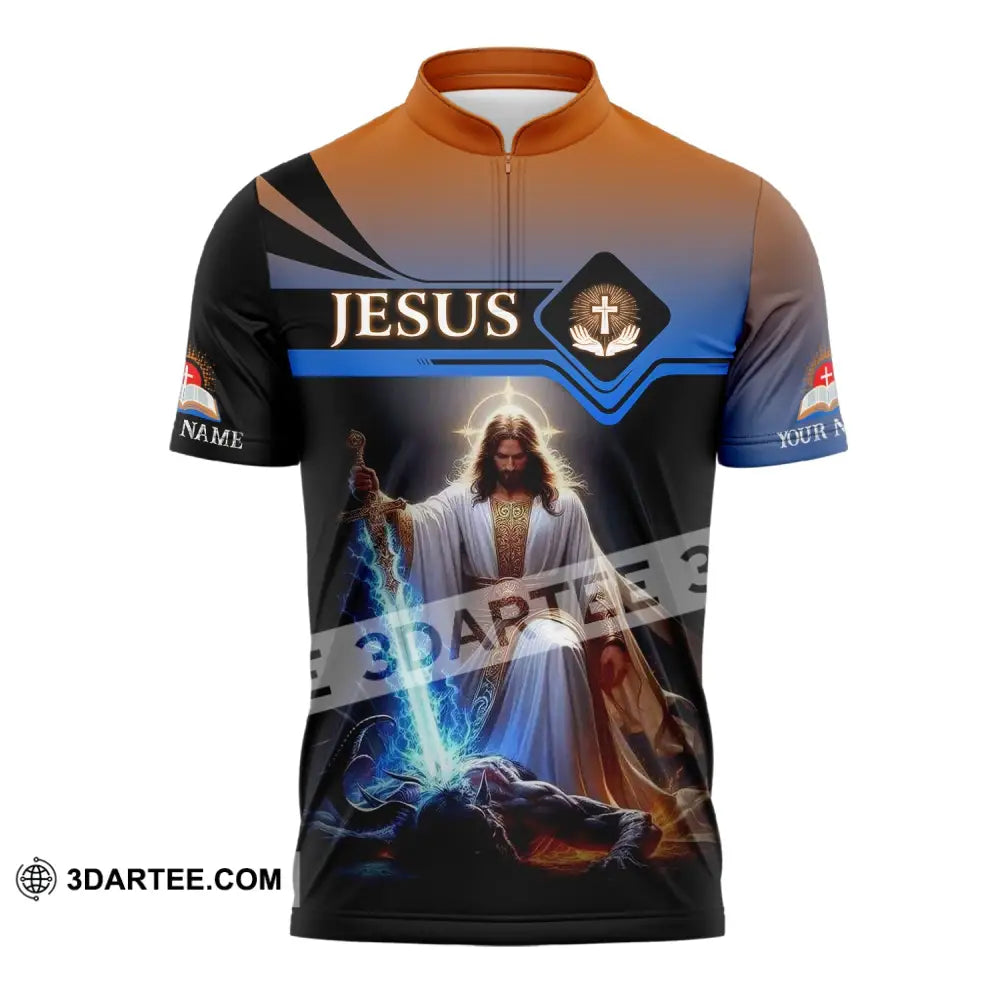 Unisex Shirt - Custom Name Jesus And Sword Zipper Polo / S T-Shirt