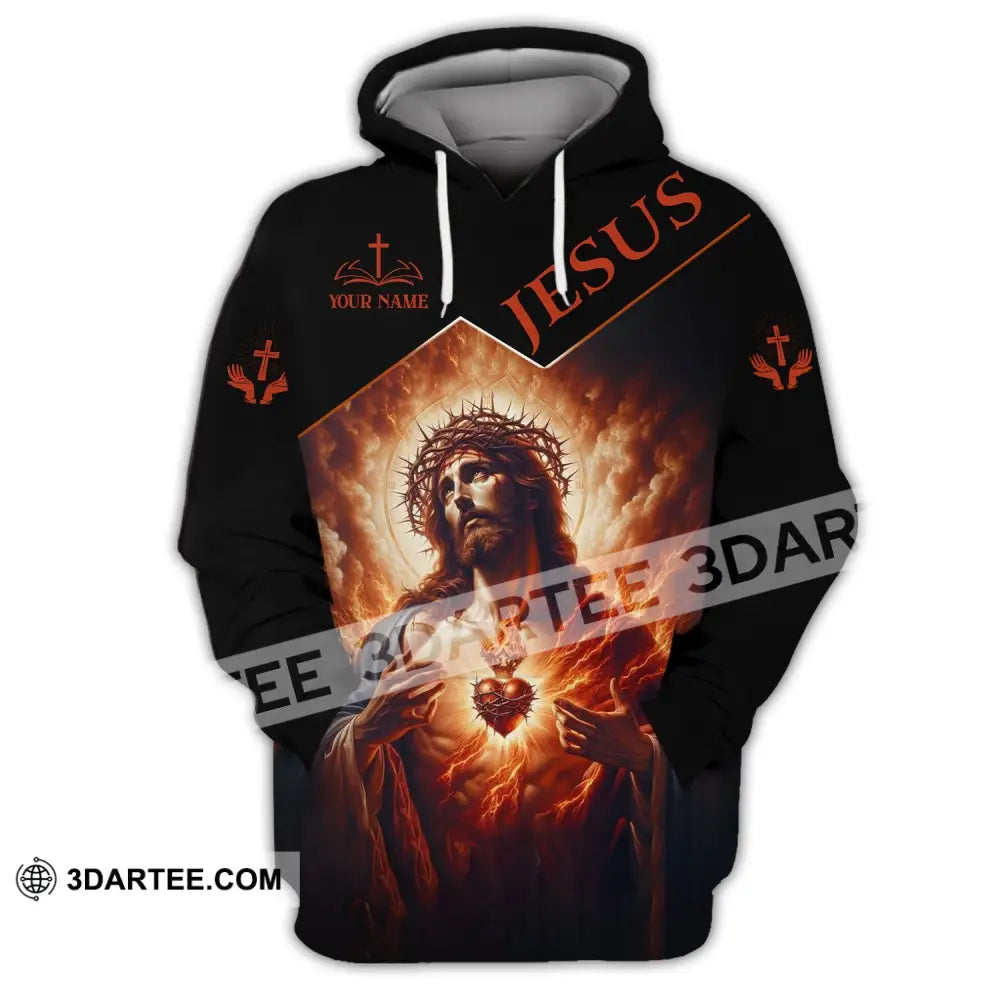 Unisex Shirt - Custom Name Jesus Burning Heart Hoodie / S T-Shirt