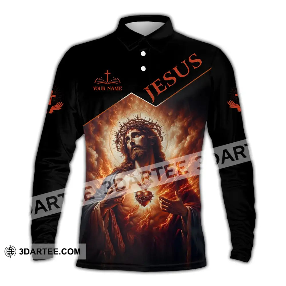 Unisex Shirt - Custom Name Jesus Burning Heart Long Sleeve Polo / S T-Shirt