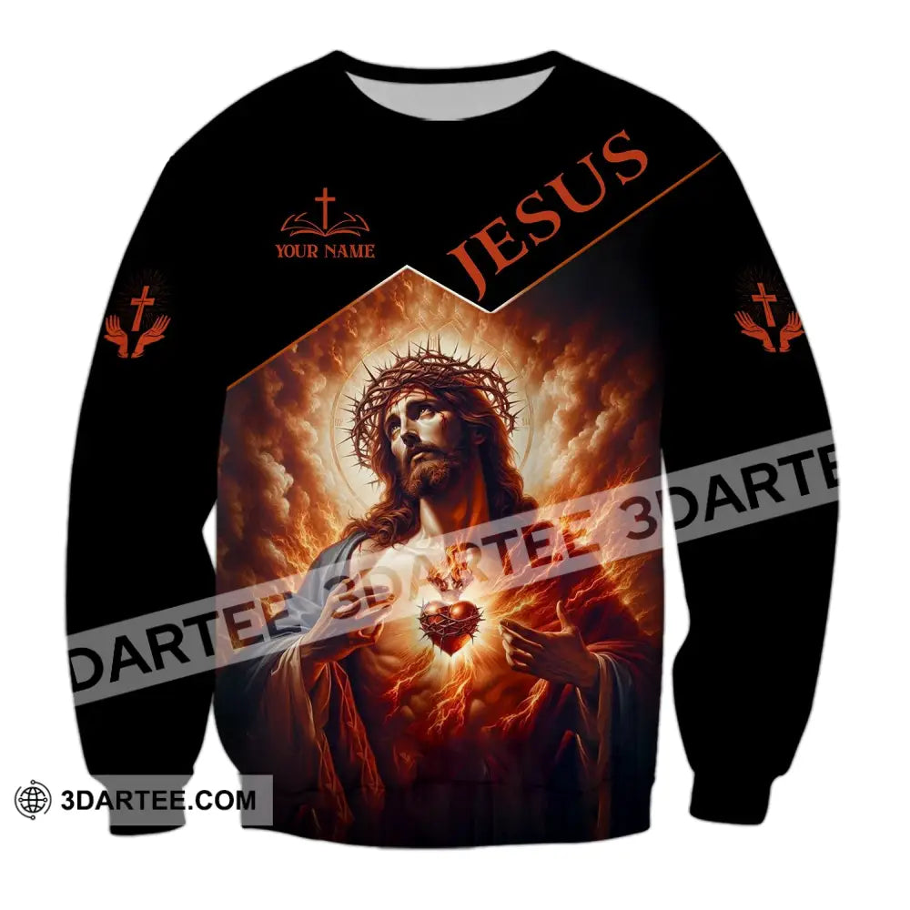 Unisex Shirt - Custom Name Jesus Burning Heart Long Sleeve / S T-Shirt