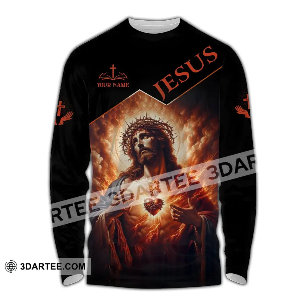 Unisex Shirt - Custom Name Jesus Burning Heart Long Sleeve / S T-Shirt