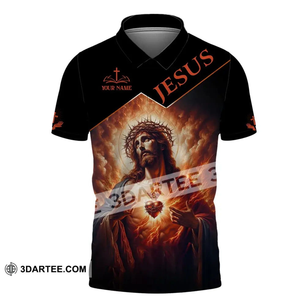 Unisex Shirt - Custom Name Jesus Burning Heart Polo / S T-Shirt