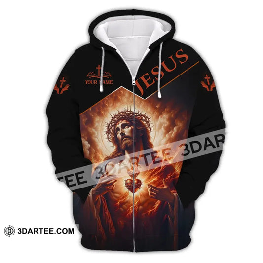 Unisex Shirt - Custom Name Jesus Burning Heart Zipper Hoodie / S T-Shirt