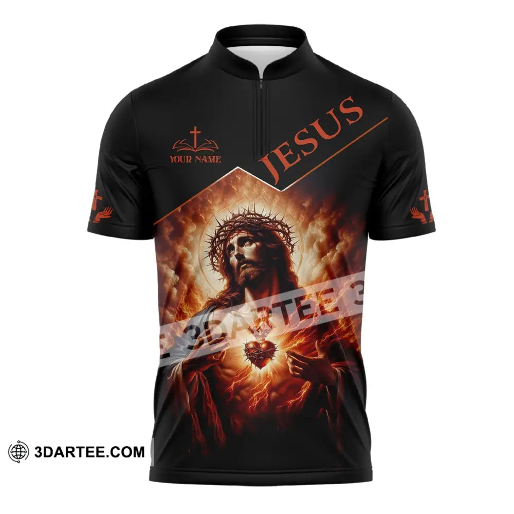 Unisex Shirt - Custom Name Jesus Burning Heart Zipper Polo / S T-Shirt