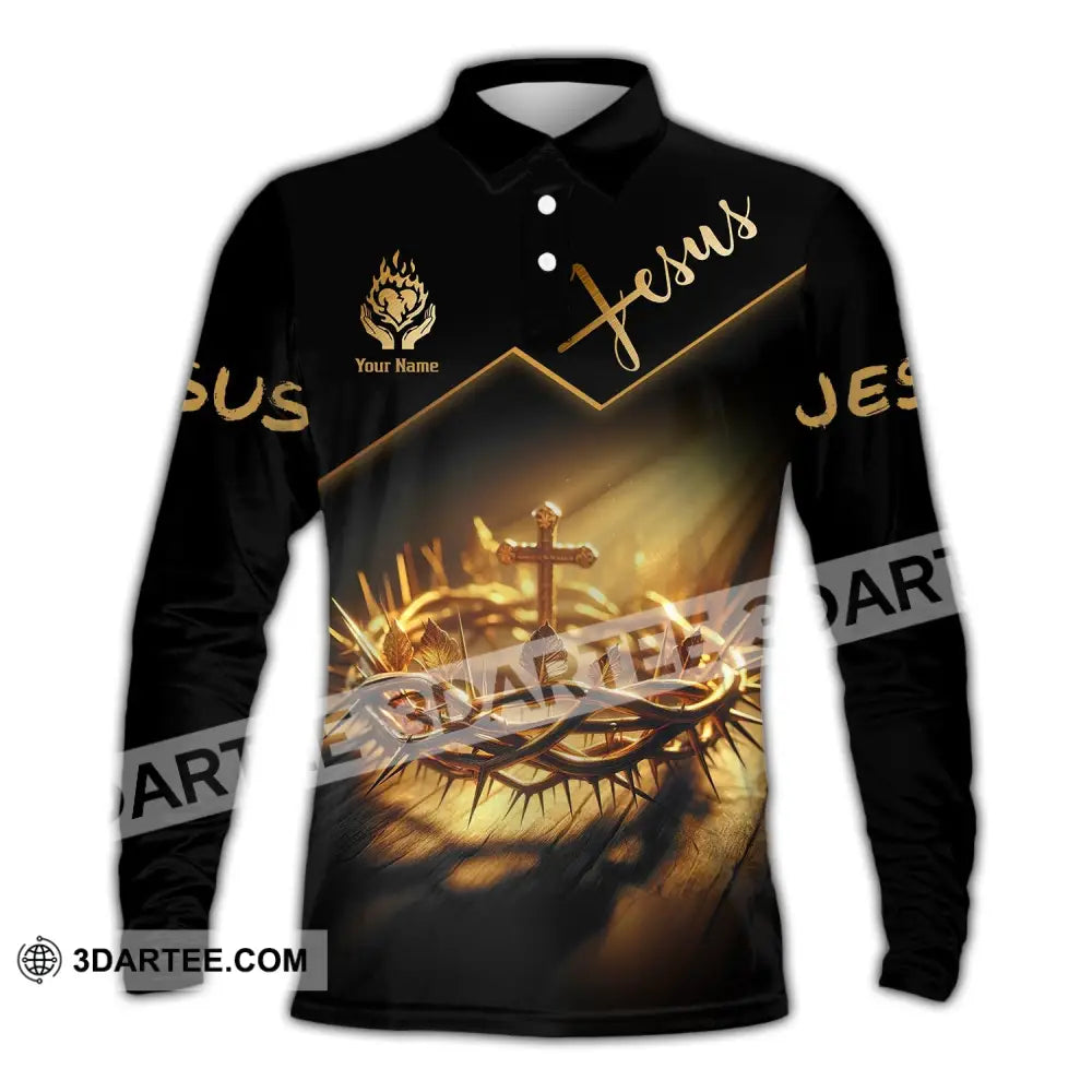 Unisex Shirt - Custom Name Jesus Crown Of Thorns Long Sleeve Polo / S T-Shirt